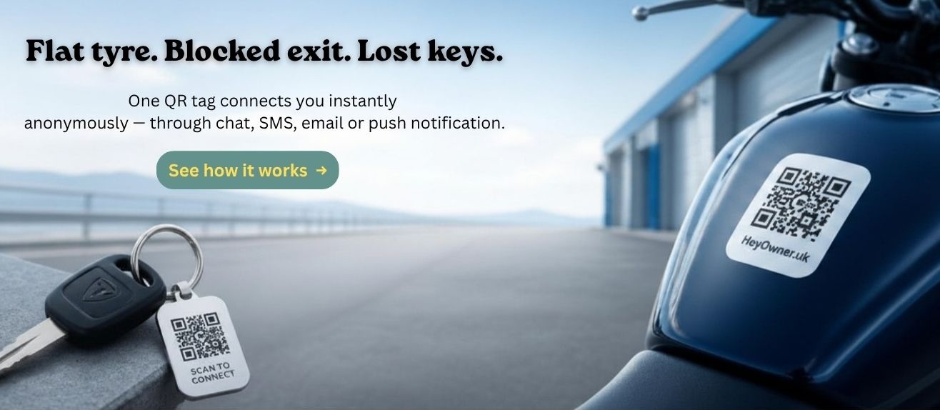 HeyOwner QR tags - Flat tyre, blocked exit, lost keys. Anonymous contact via chat, SMS, email or push notification.